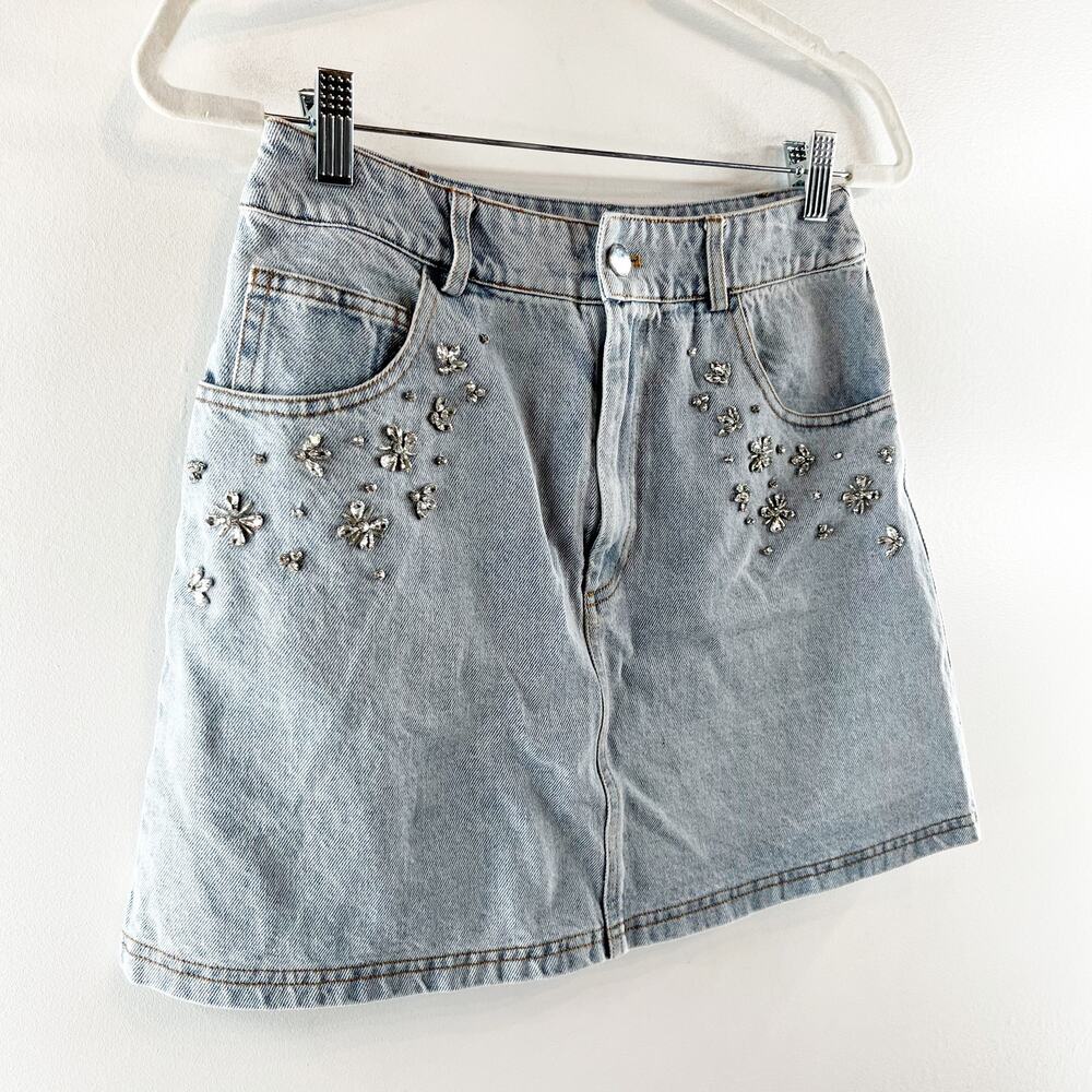 Vici Midnight Muse Rhinestone Studded Denim Mini Skirt Blue Small - Picture 7 of 7